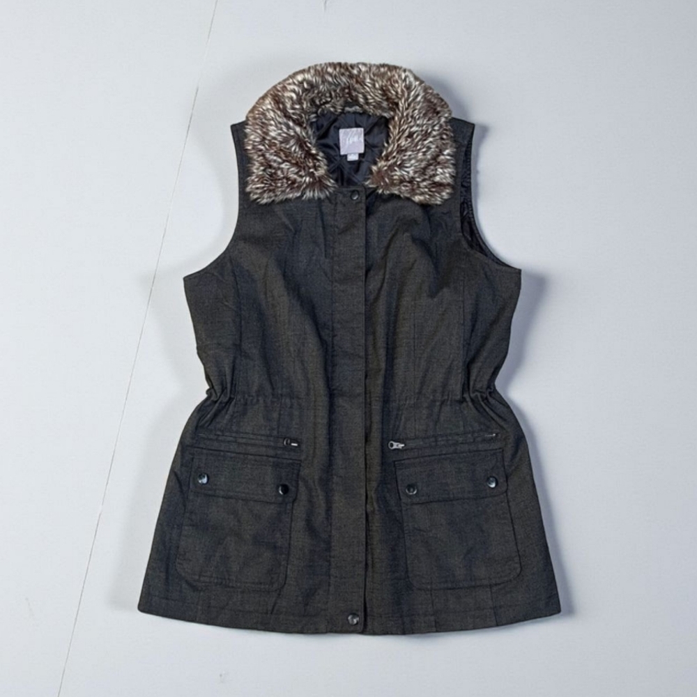 J. Jill Cinched Waist Zip Front Faux Fur Collar Sleeveless Vest in Brown Size M